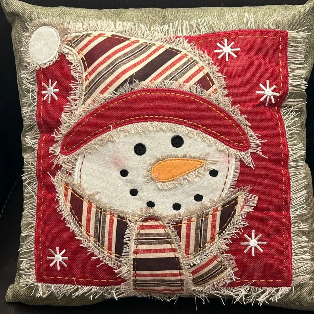 Christmas Snowman Throw Pillow 16x16 Rustic Applique Embroidered Holiday Decor
